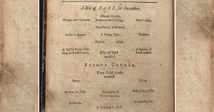 Durham Cathedral December Menu dated 1758